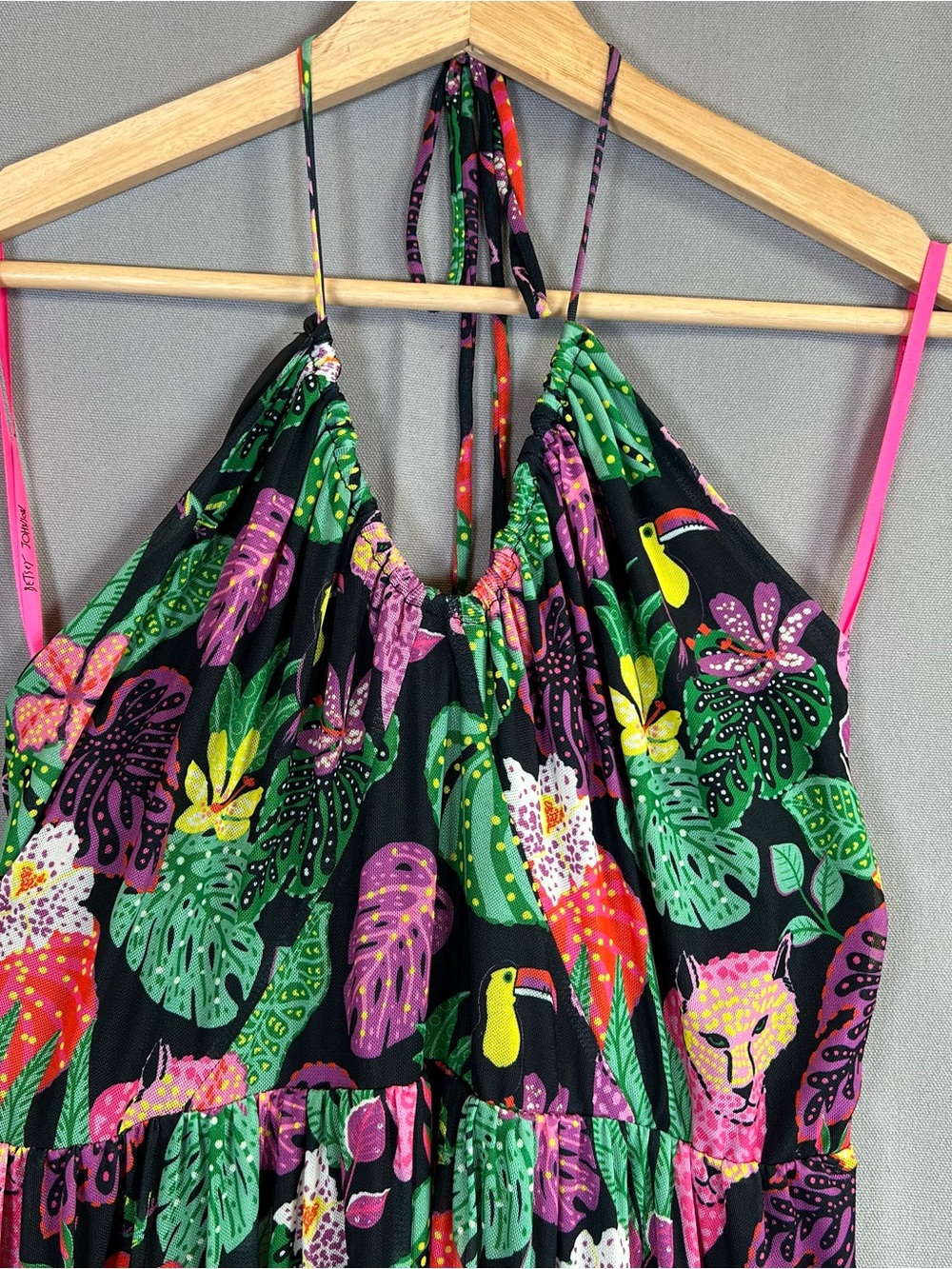 Betsey Johnson SzL Tropical Floral Halter Maxi Dress Black w/Green & Pink Print - Picture 2 of 7